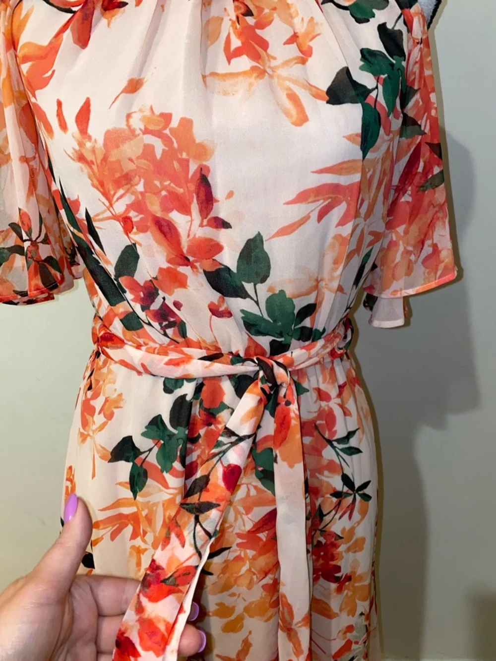 Calvin Klein Irmina Peach-Pink Floral Cold-Shoulder Belted Mini Dress Size 2 - Picture 6 of 16